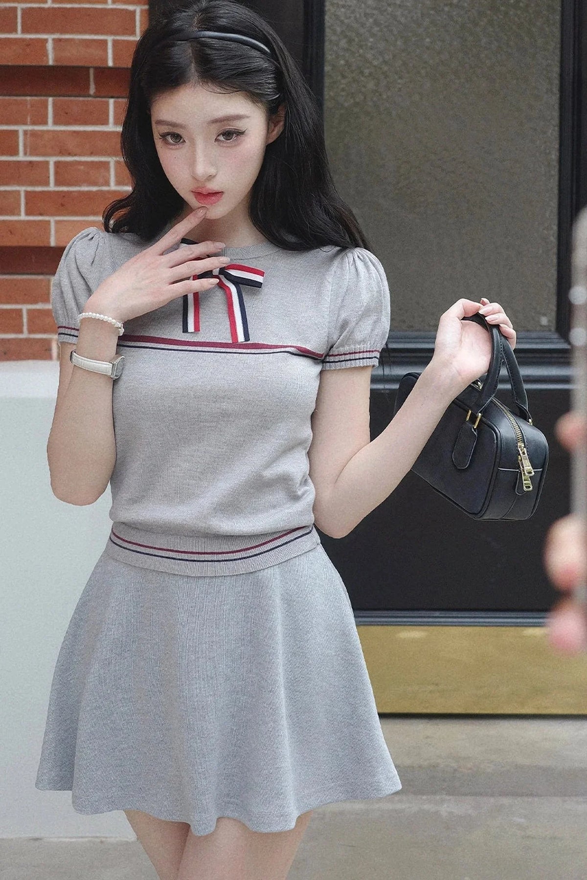 Gray Bow-Knit Top and Skirt Set-Up