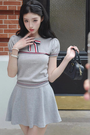 Gray Bow-Knit Top and Skirt Set-Up