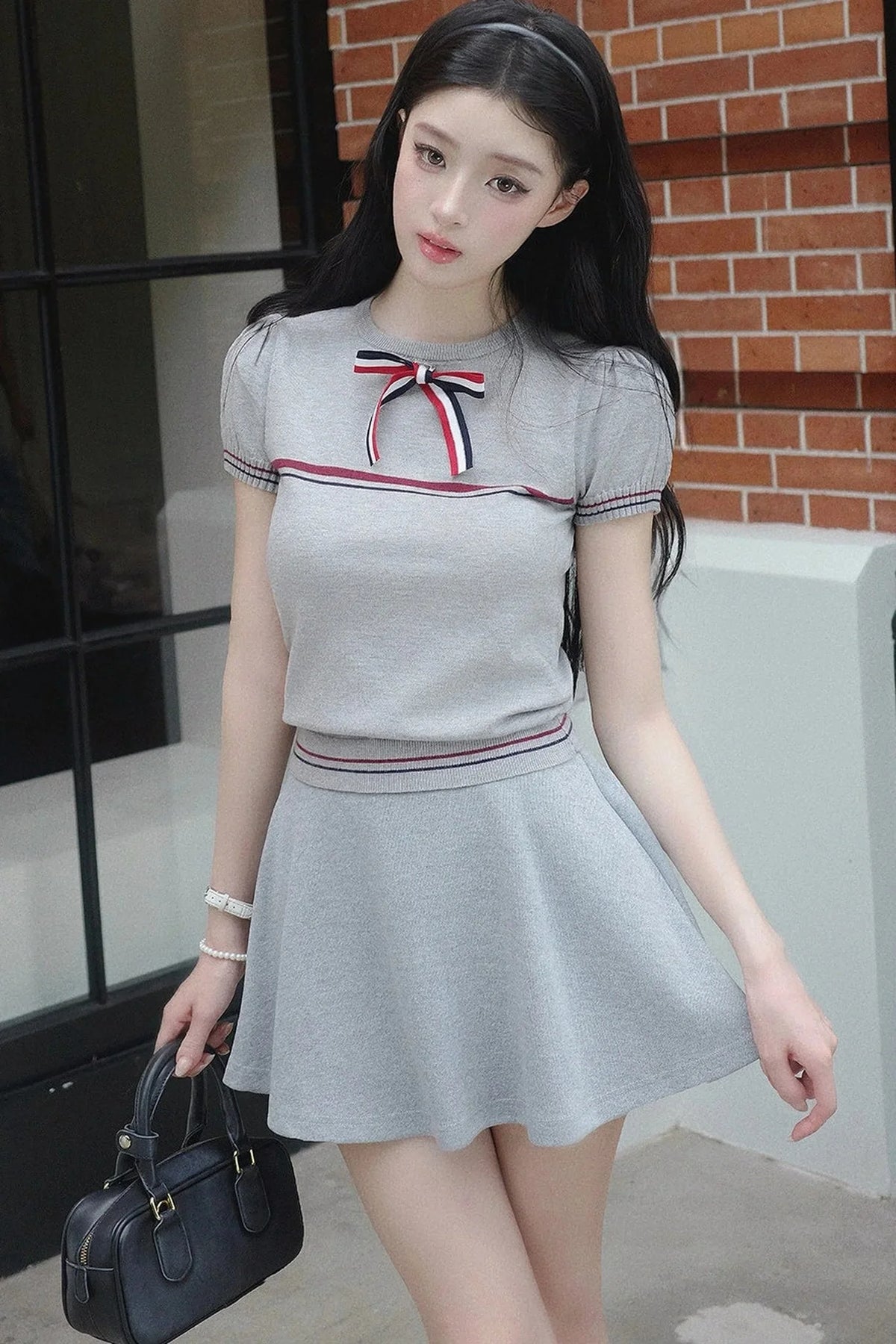 Gray Bow-Knit Top and Skirt Set-Up