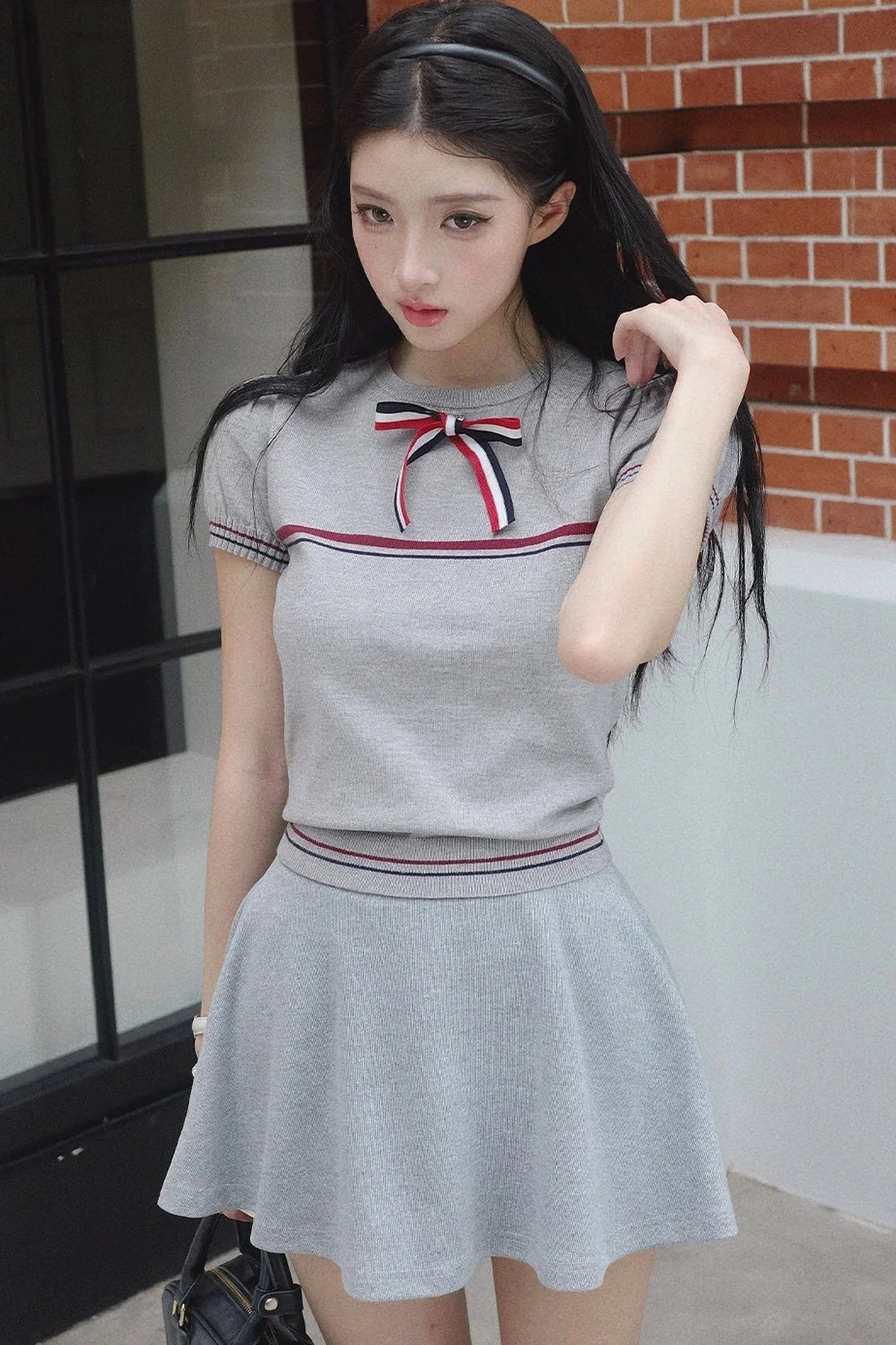 Gray Bow-Knit Top and Skirt Set-Up
