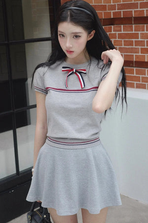 Gray Bow-Knit Top and Skirt Set-Up