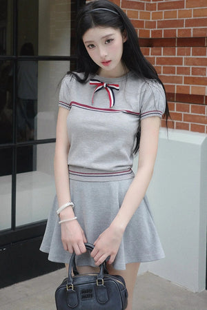 Gray Bow-Knit Top and Skirt Set-Up
