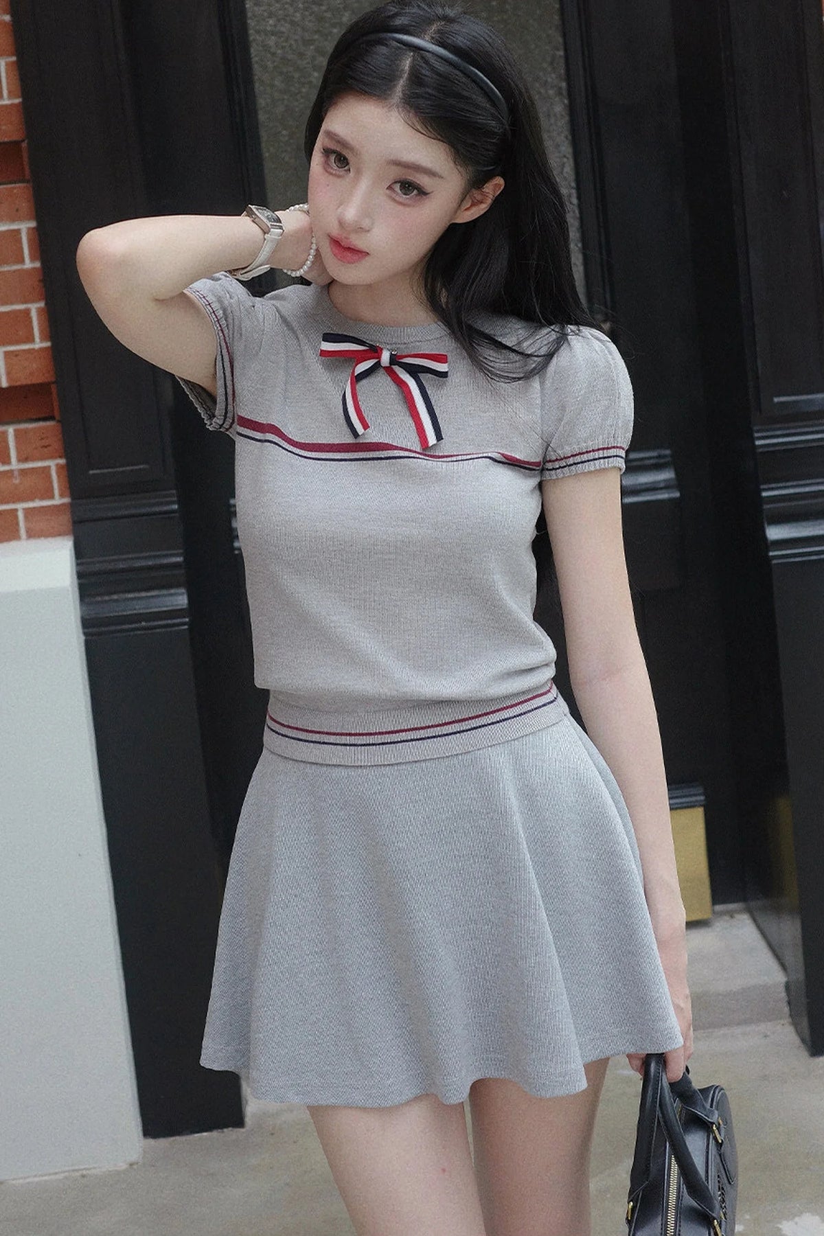 Gray Bow-Knit Top and Skirt Set-Up