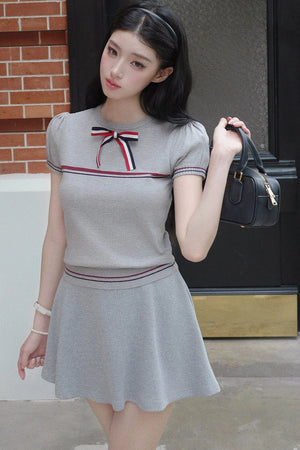 Gray Bow-Knit Top and Skirt Set-Up