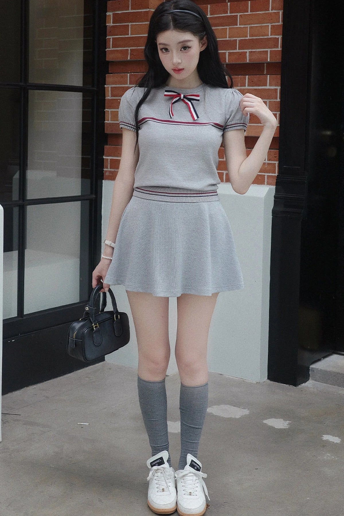 Gray Bow-Knit Top and Skirt Set-Up