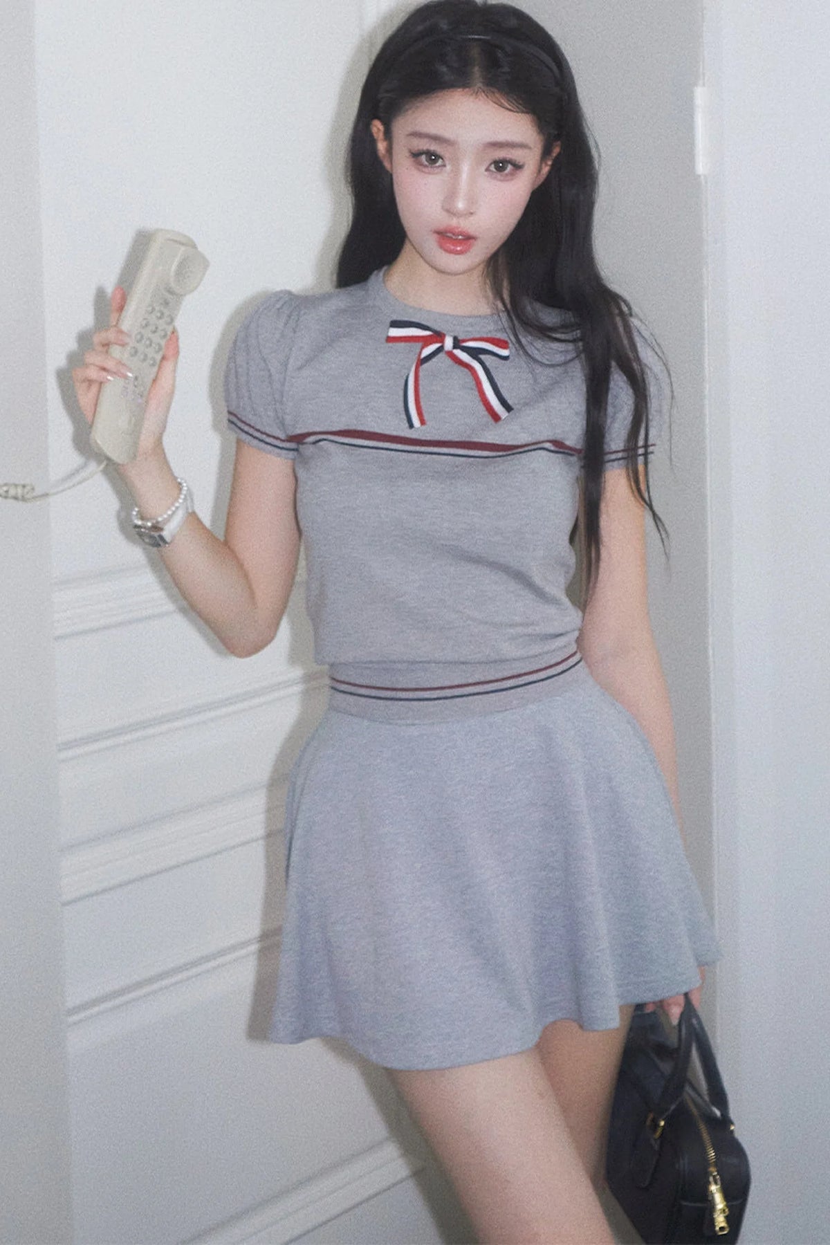 Gray Bow-Knit Top and Skirt Set-Up
