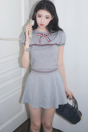 Gray Bow-Knit Top and Skirt Set-Up