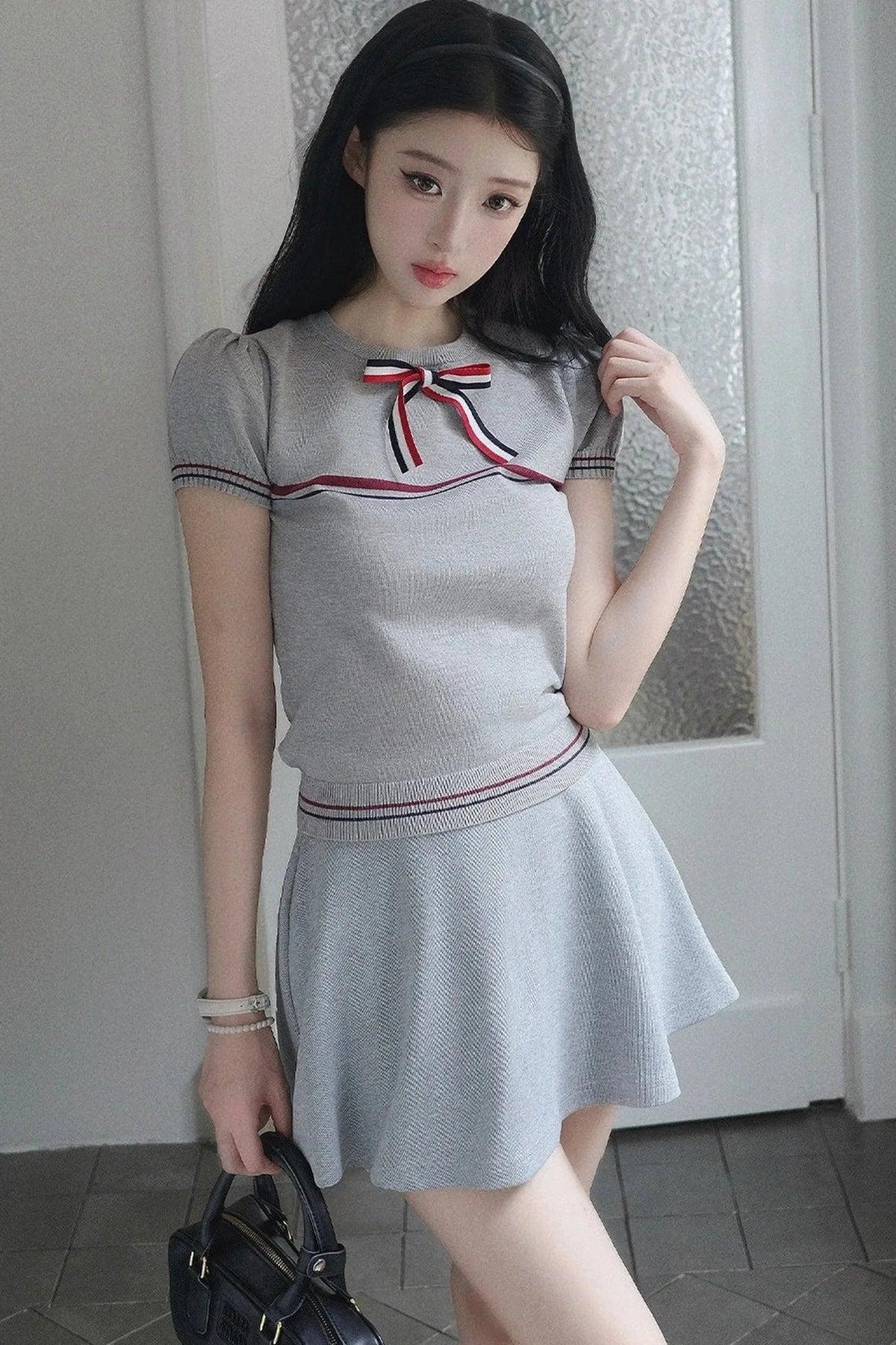 Gray Bow-Knit Top and Skirt Set-Up