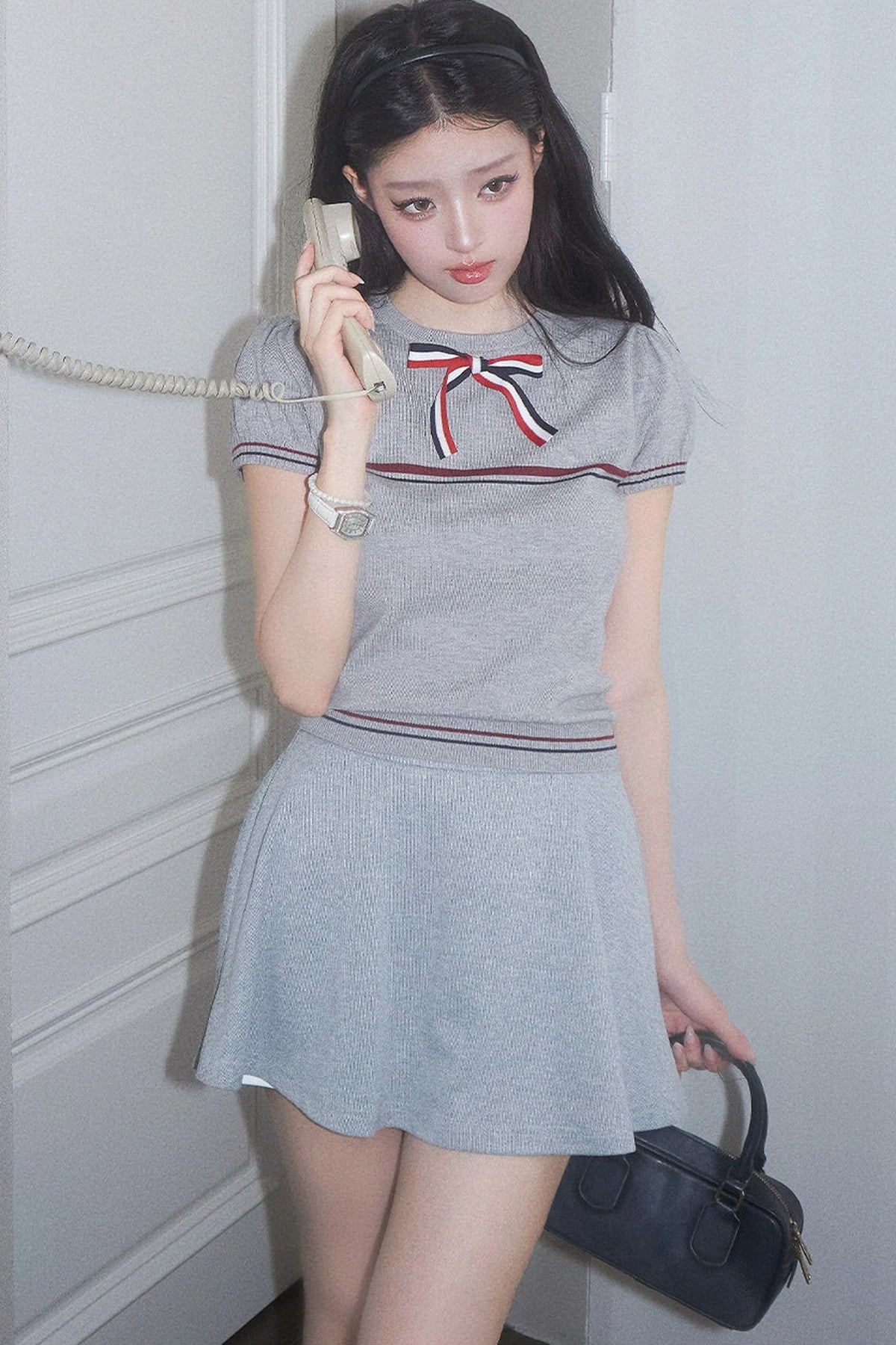 Gray Bow-Knit Top and Skirt Set-Up