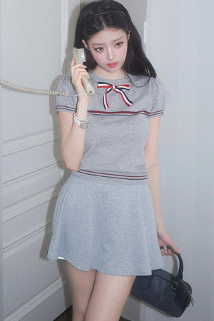 Gray Bow-Knit Top and Skirt Set-Up