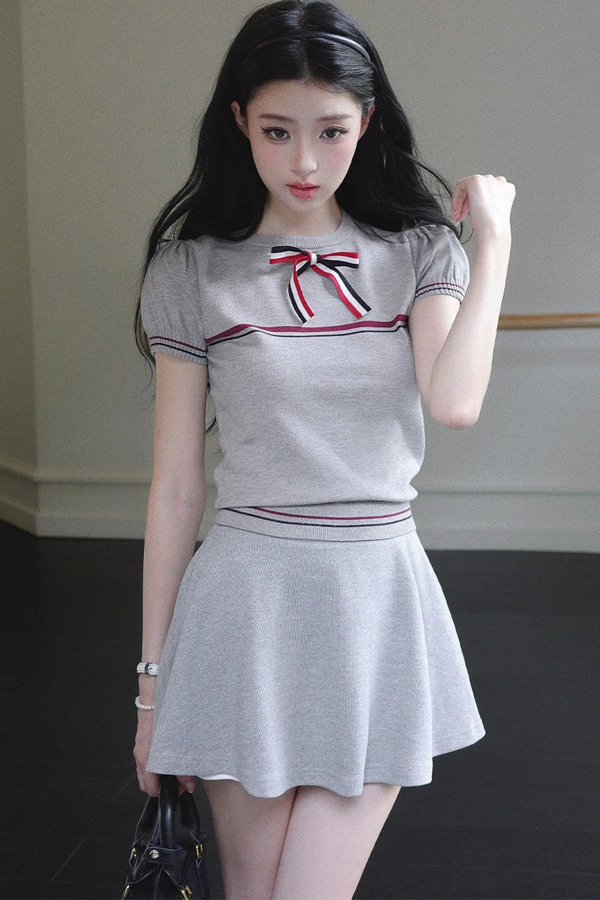 Gray Bow-Knit Top and Skirt Set-Up