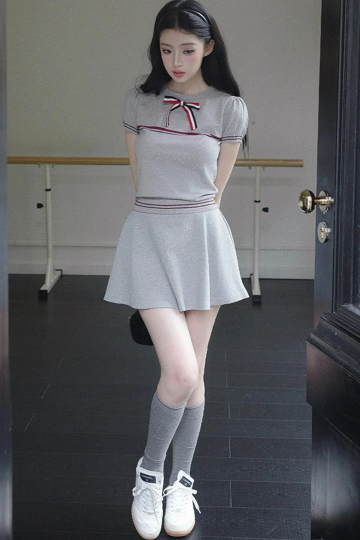 Gray Bow-Knit Top and Skirt Set-Up
