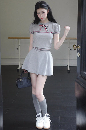 Gray Bow-Knit Top and Skirt Set-Up