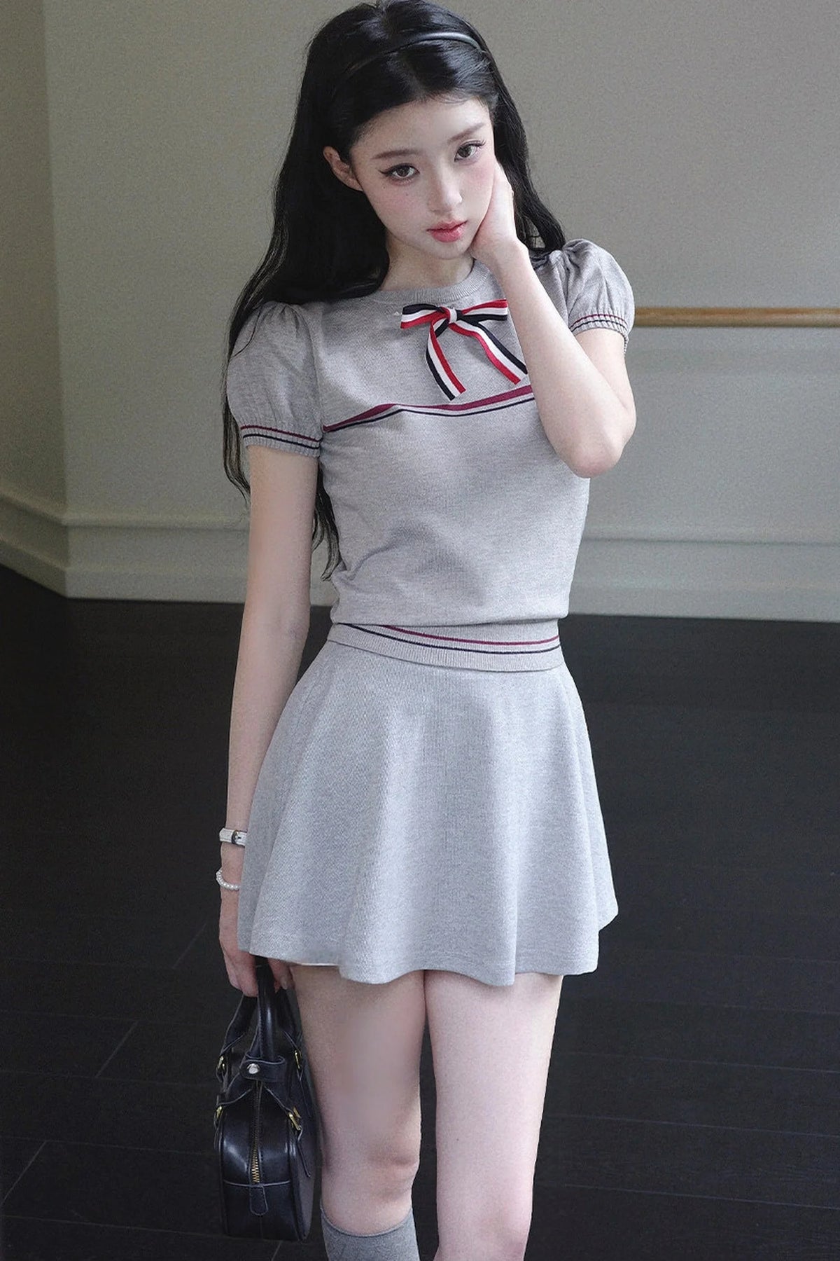 Gray Bow-Knit Top and Skirt Set-Up