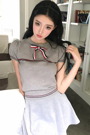 Gray Bow-Knit Top and Skirt Set-Up