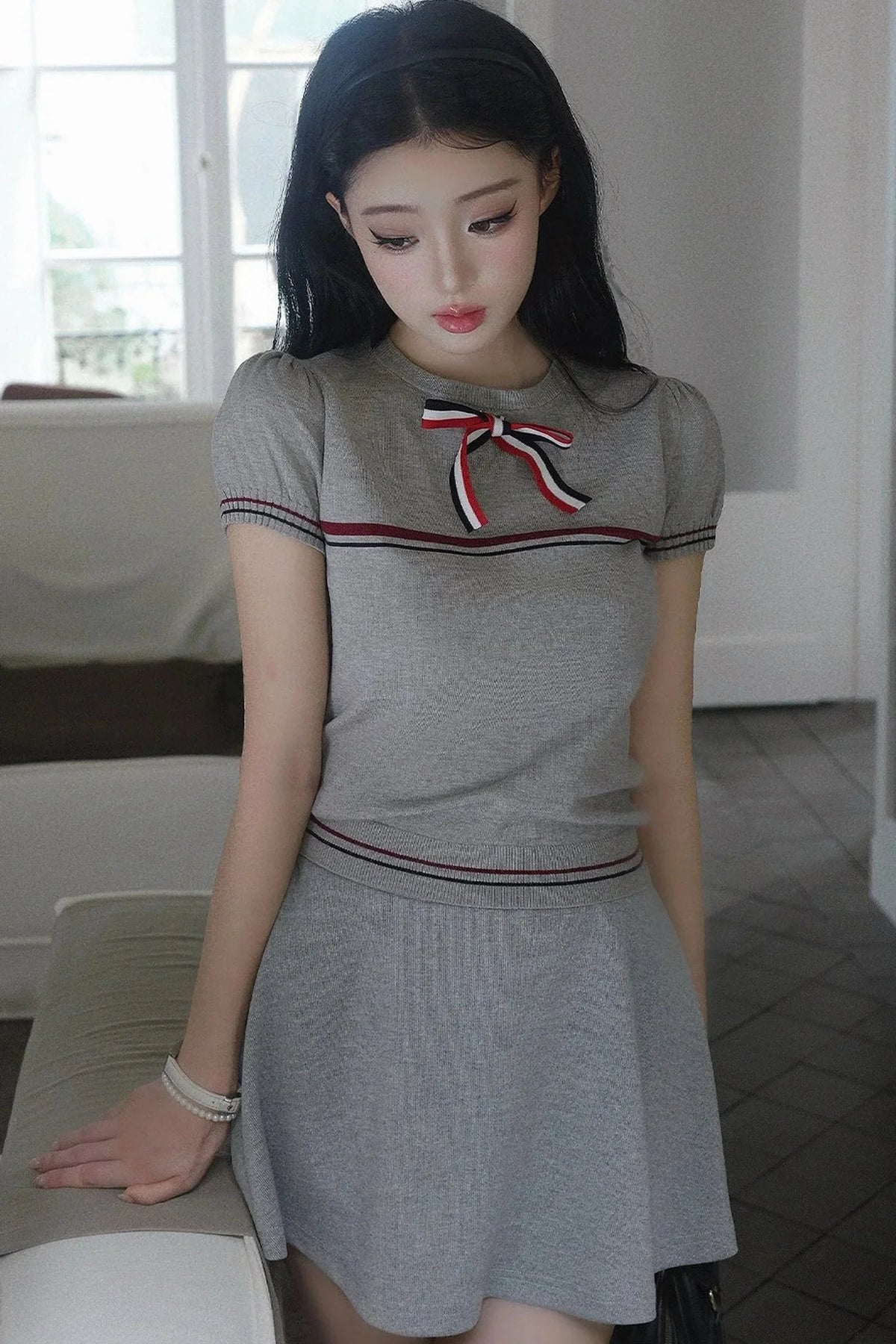 Gray Bow-Knit Top and Skirt Set-Up