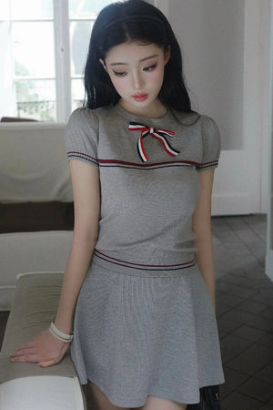 Gray Bow-Knit Top and Skirt Set-Up