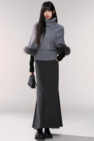 Gray Cable Knit Turtleneck Sweater
