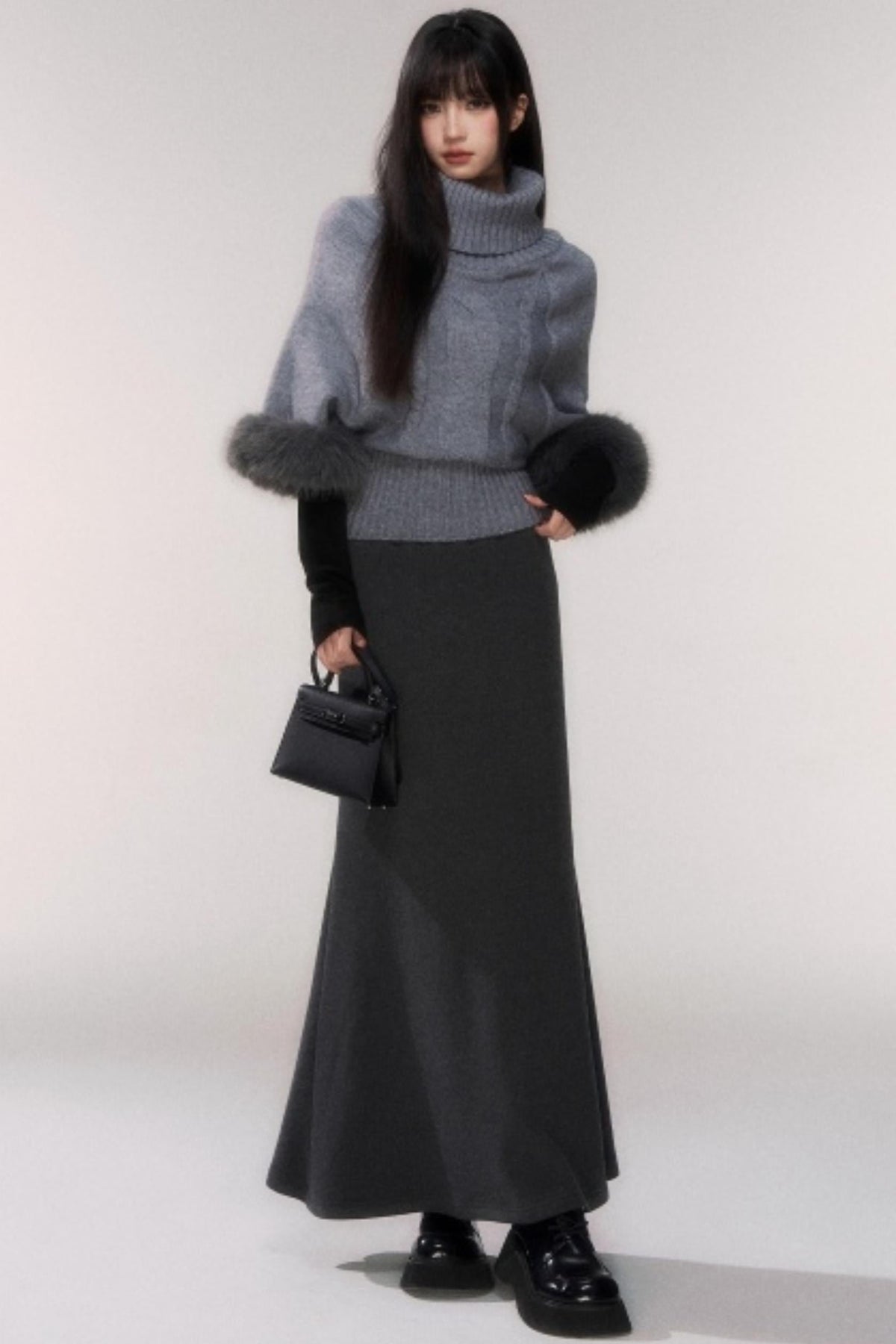 Gray Cable Knit Turtleneck Sweater