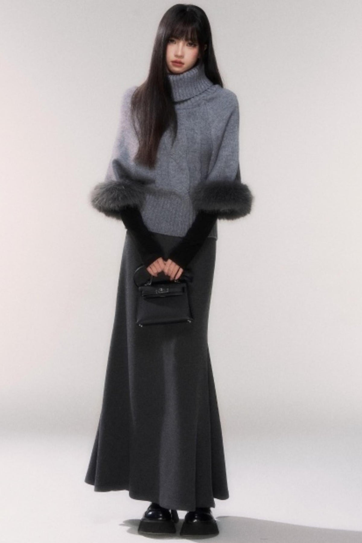Gray Cable Knit Turtleneck Sweater