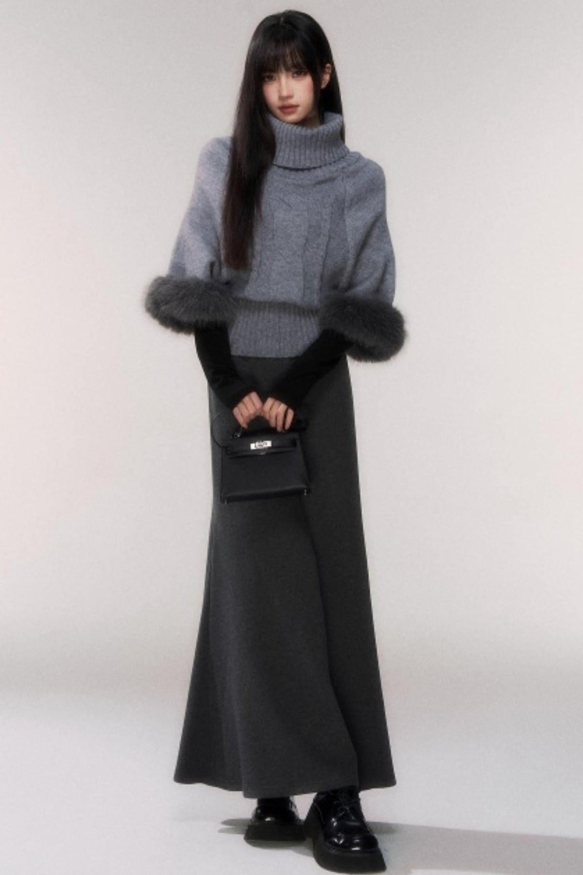 Gray Cable Knit Turtleneck Sweater