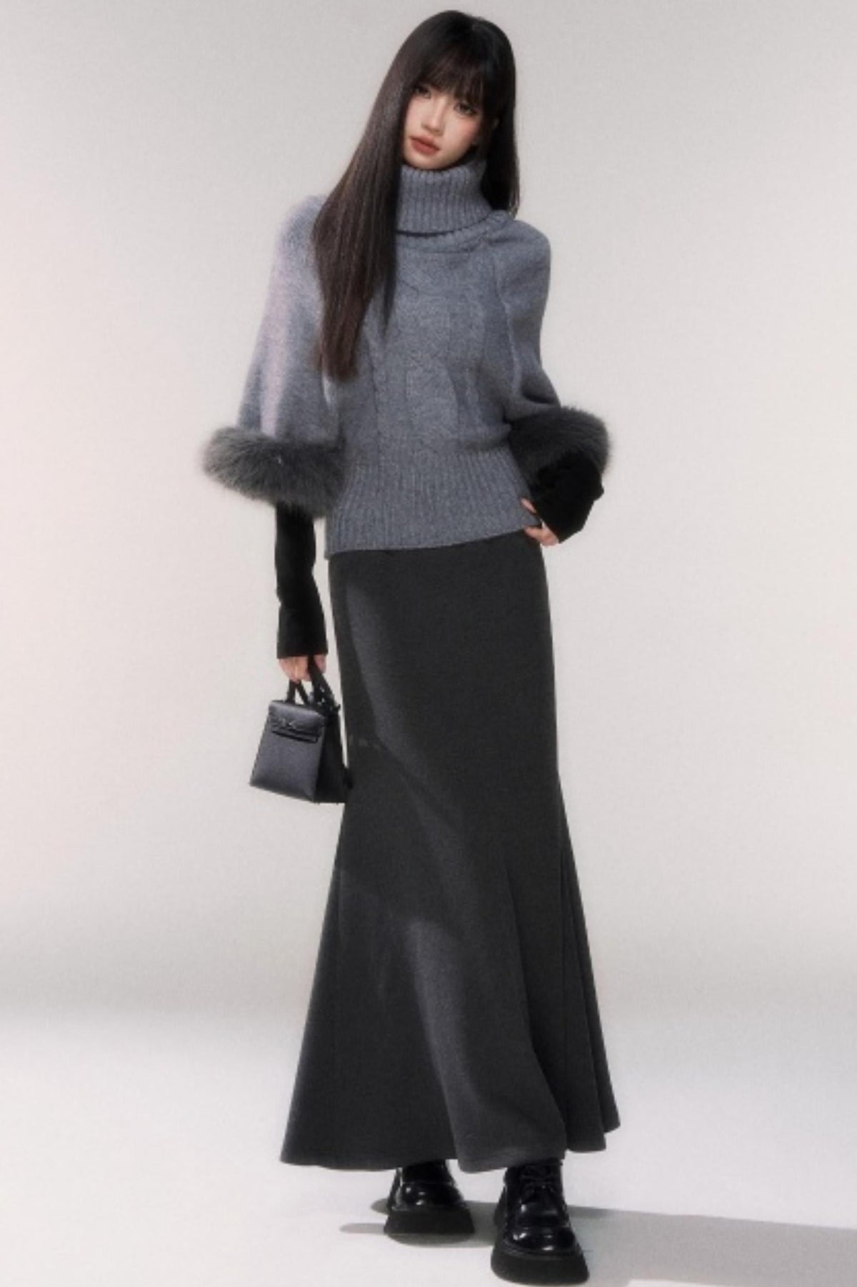 Gray Cable Knit Turtleneck Sweater