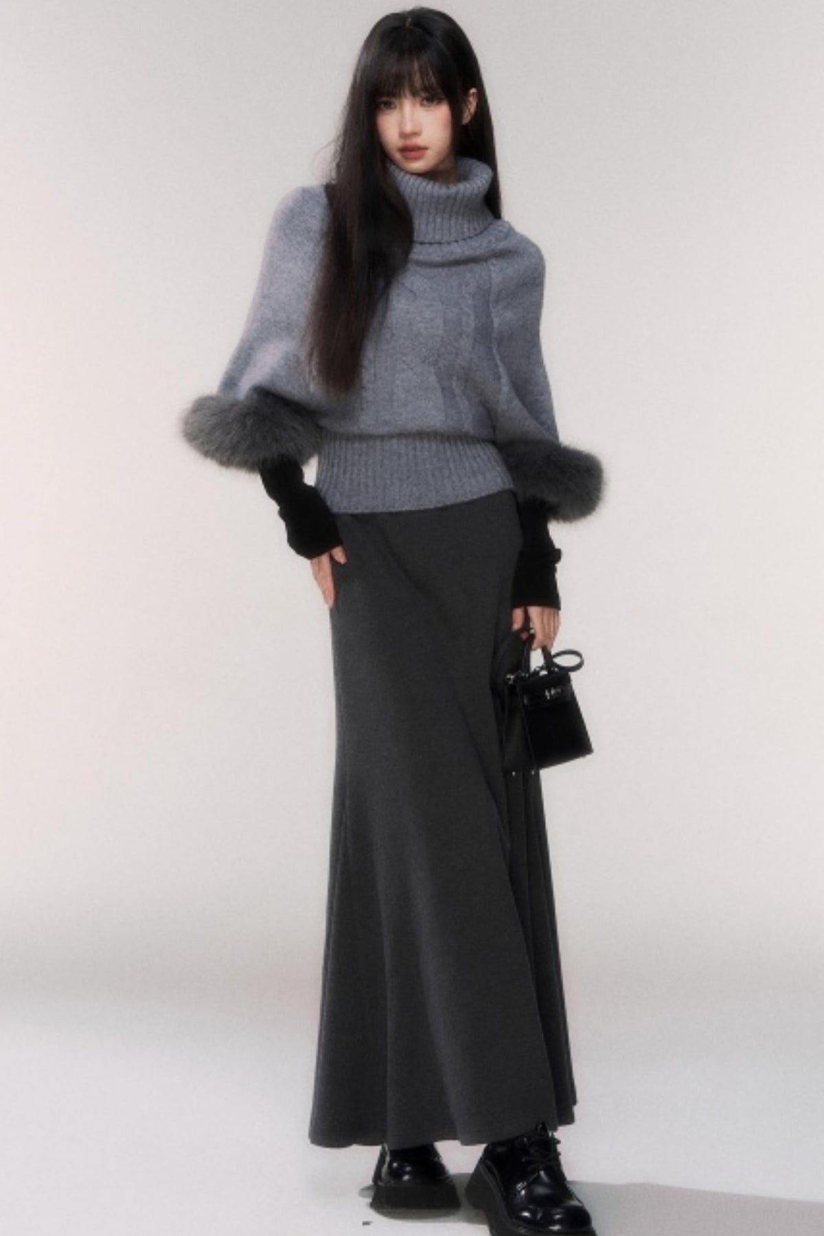 Gray Cable Knit Turtleneck Sweater