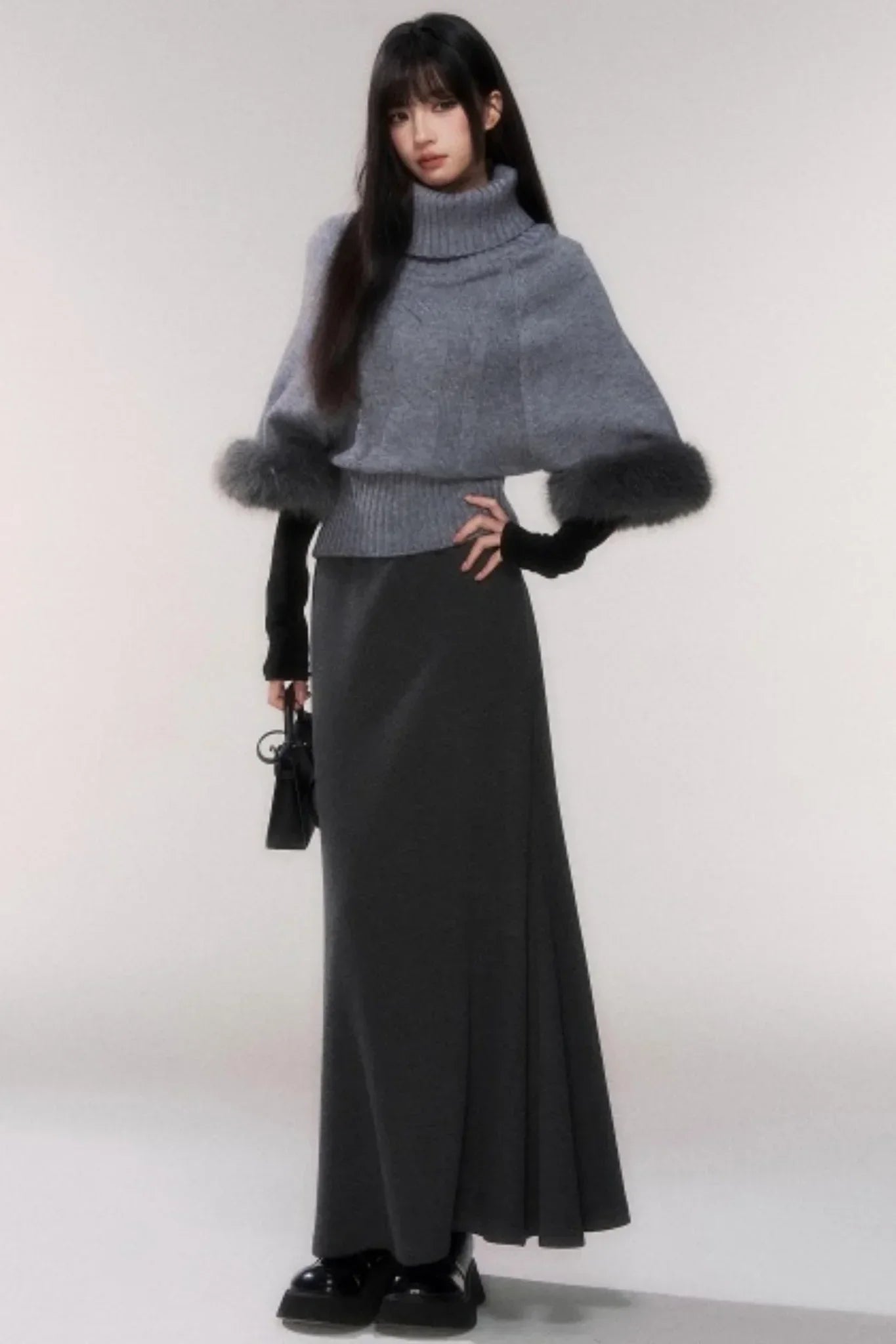 Gray Cable Knit Turtleneck Sweater