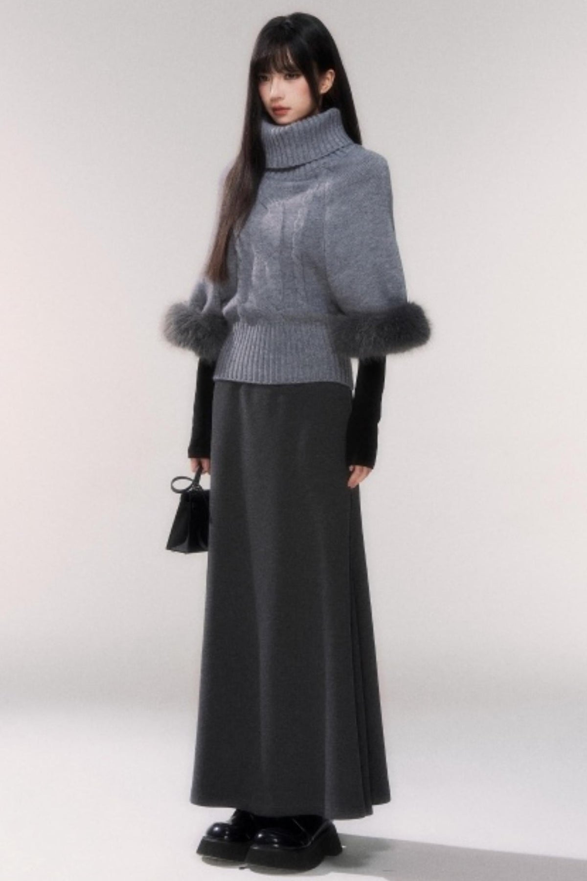 Gray Cable Knit Turtleneck Sweater
