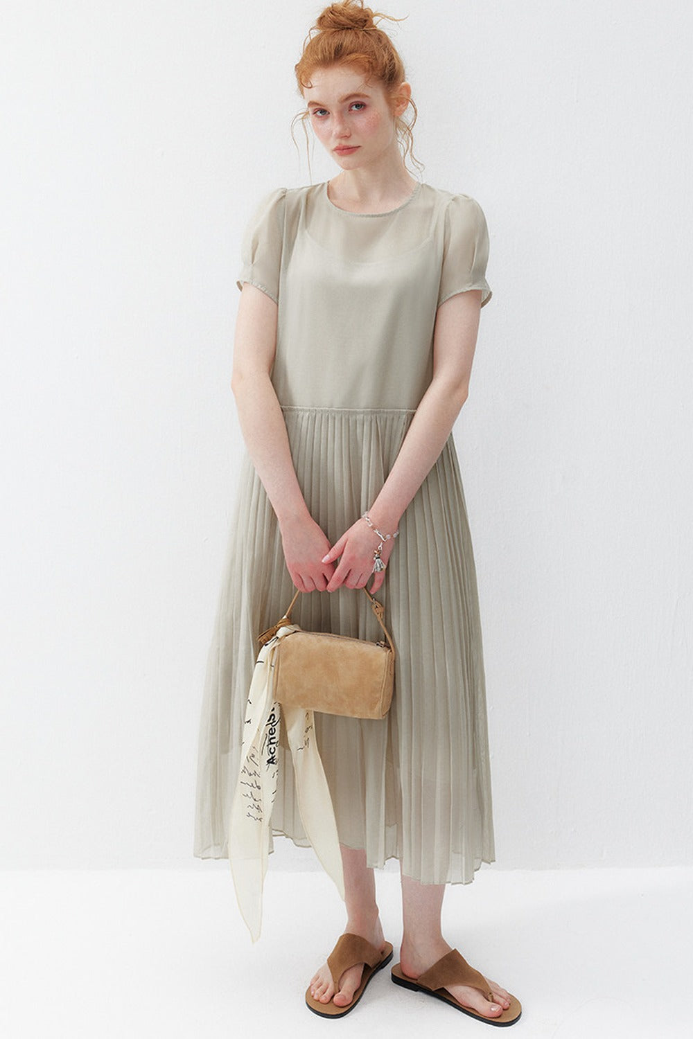 Gray Camisole and Pleated Long Dress Set