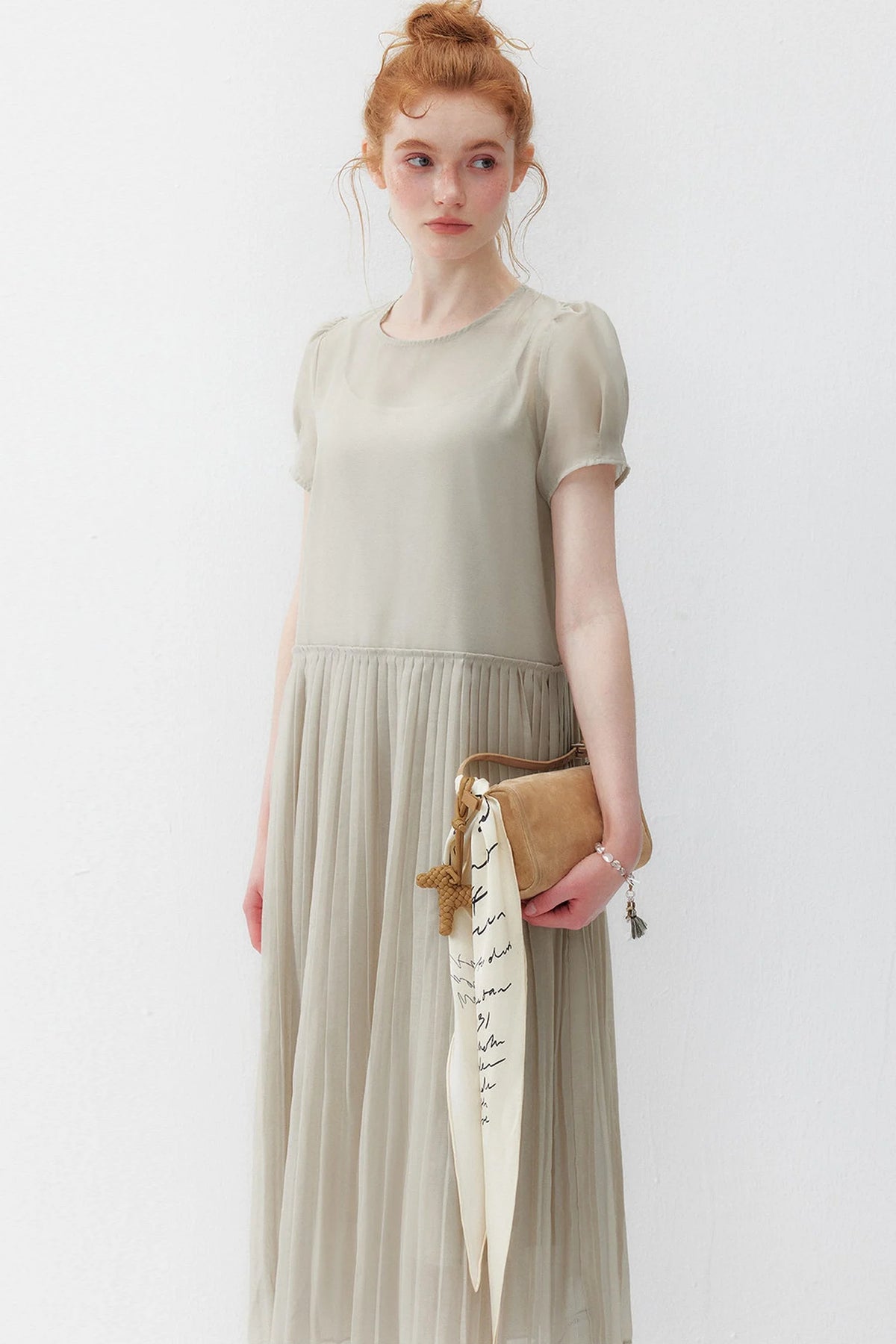 Gray Camisole and Pleated Long Dress Set