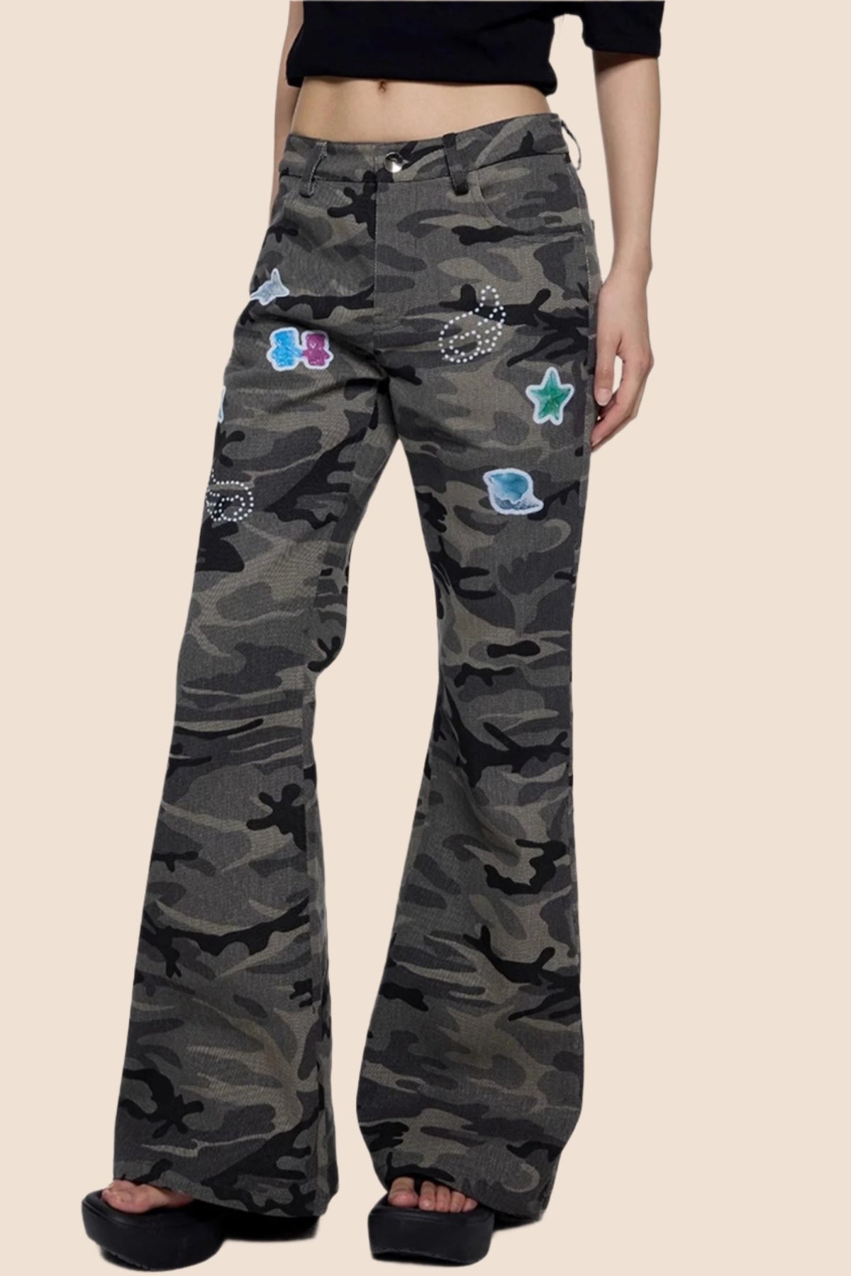 Gray Camouflage Flare Jeans