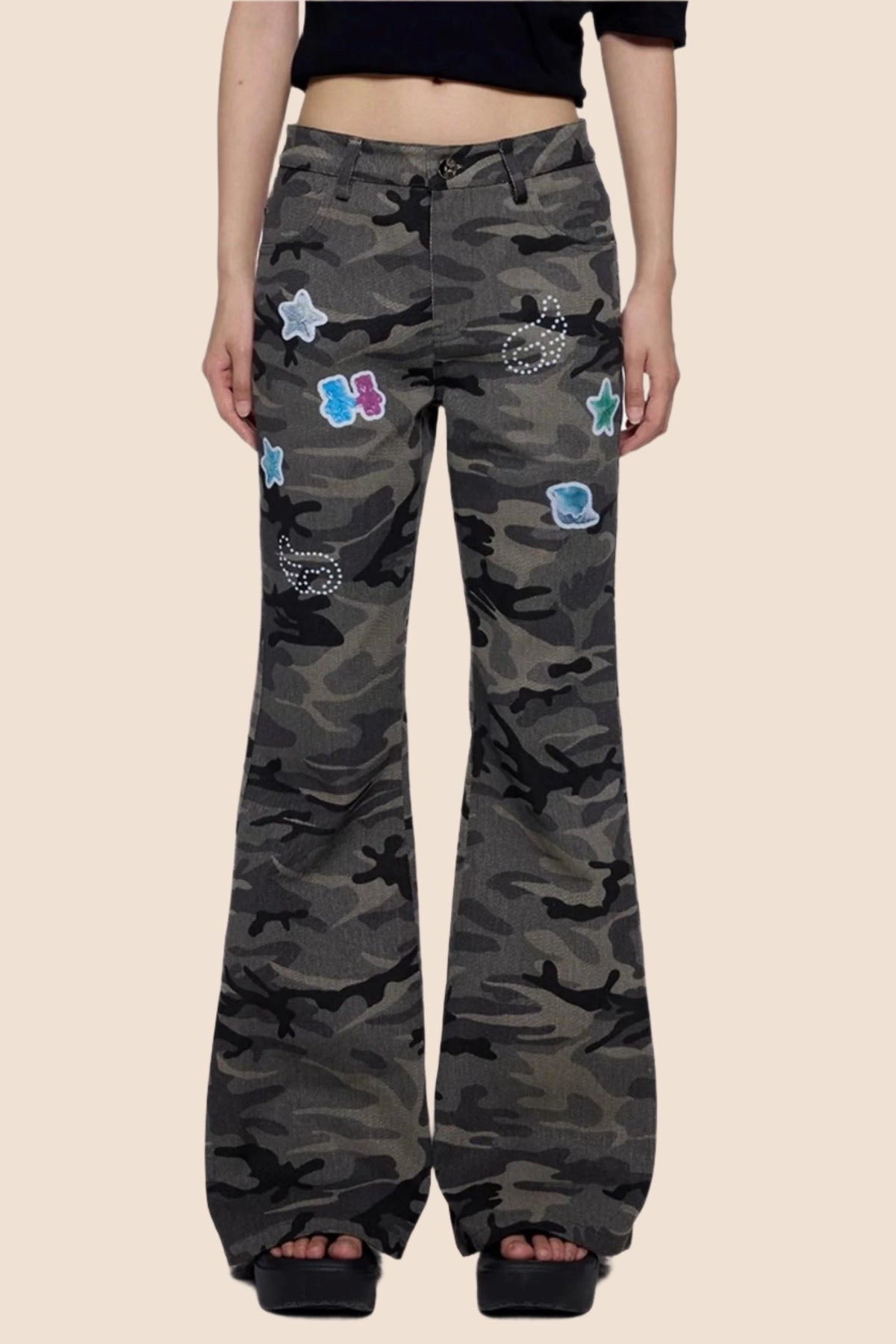 Gray Camouflage Flare Jeans
