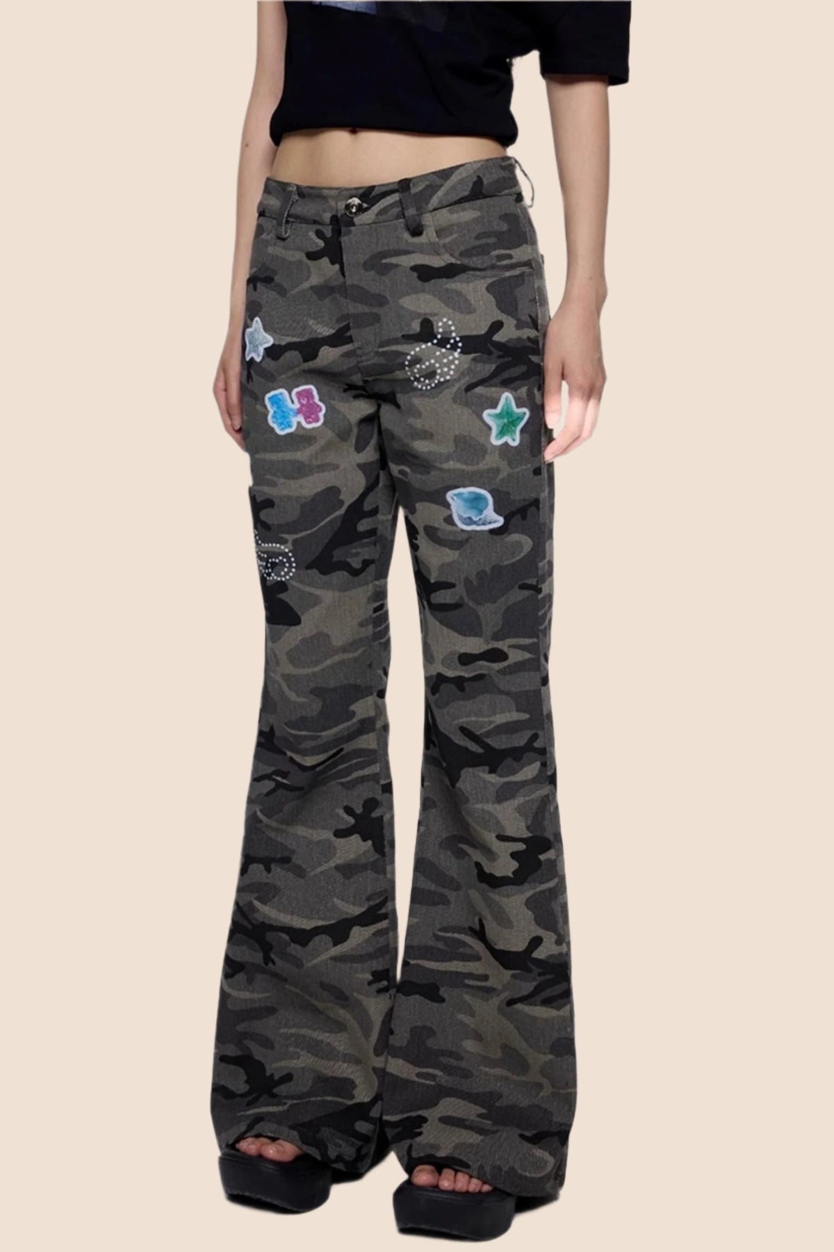 Gray Camouflage Flare Jeans