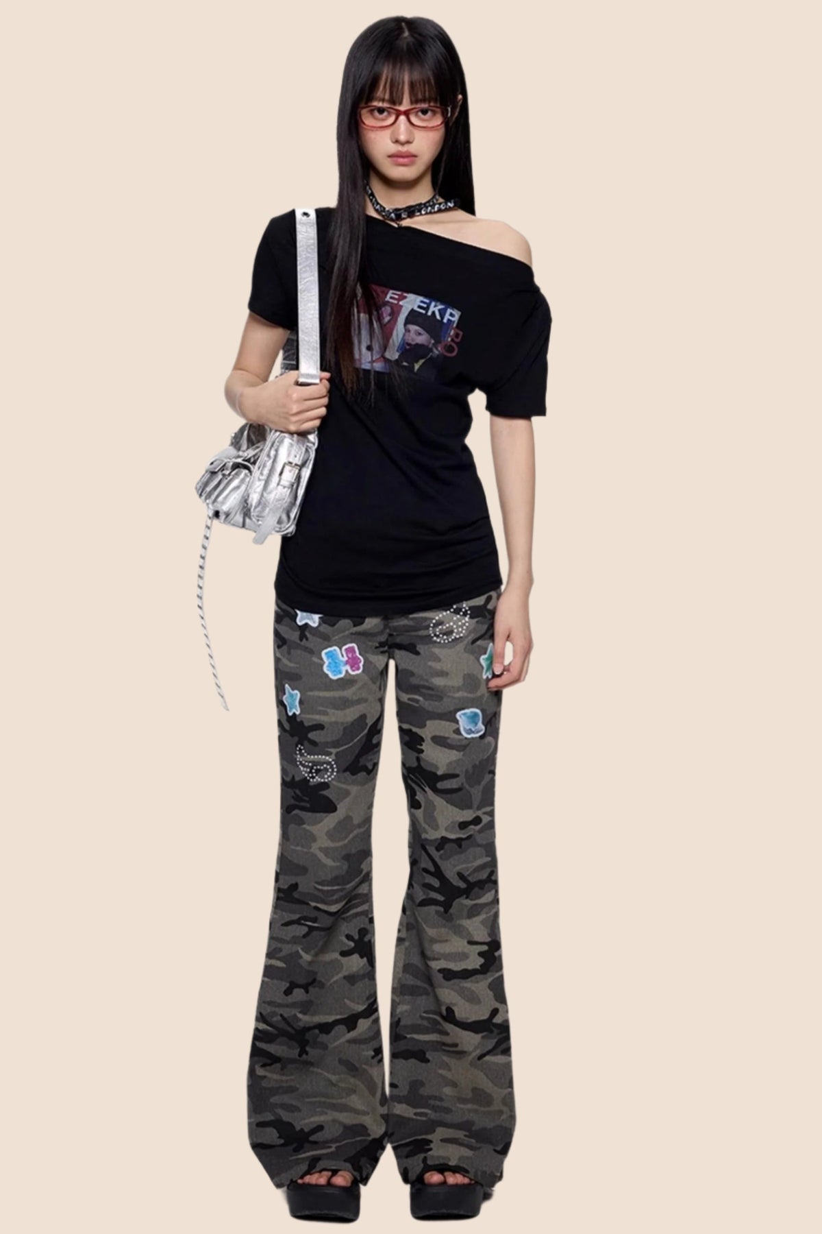 Gray Camouflage Flare Jeans
