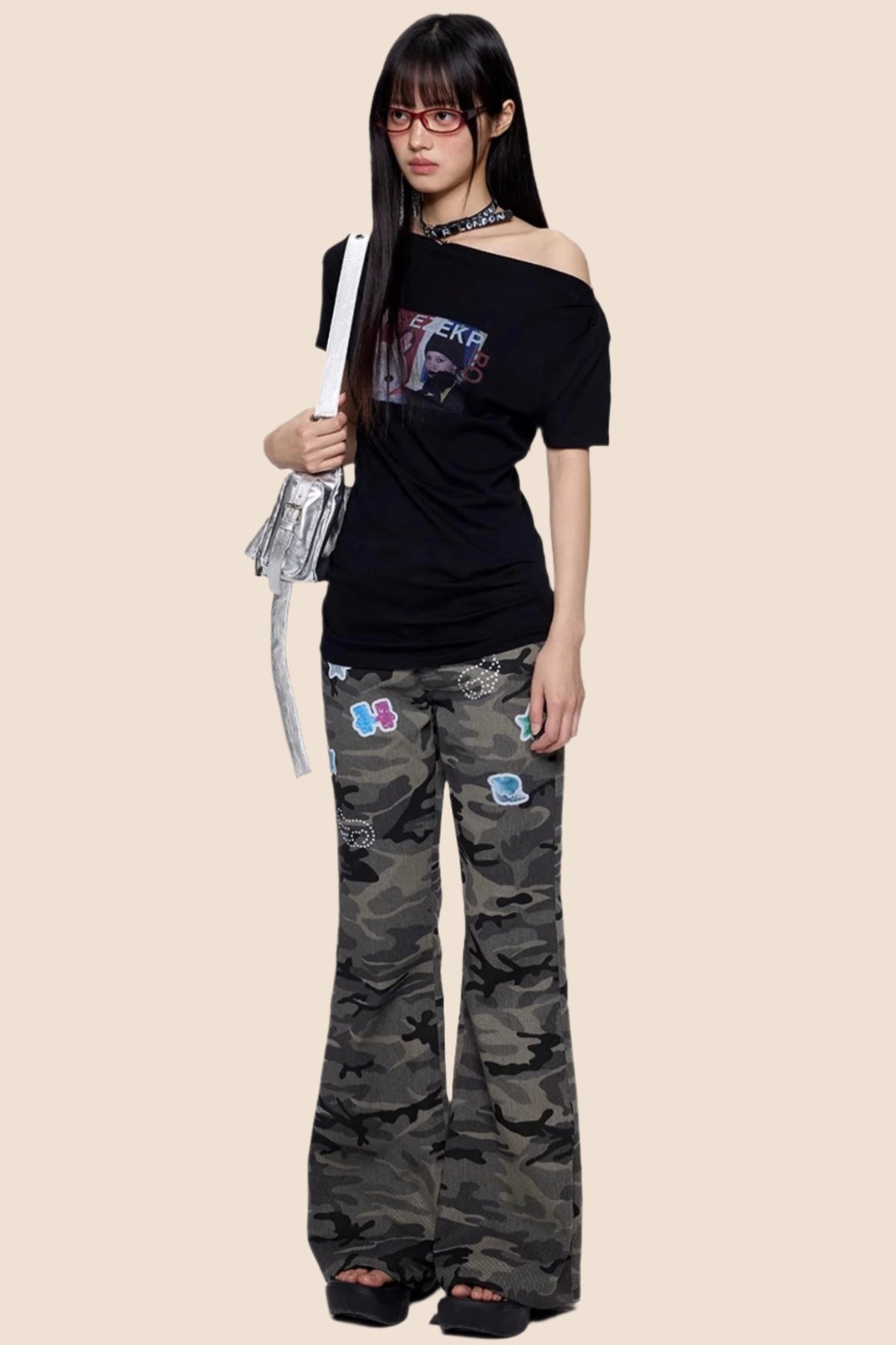 Gray Camouflage Flare Jeans
