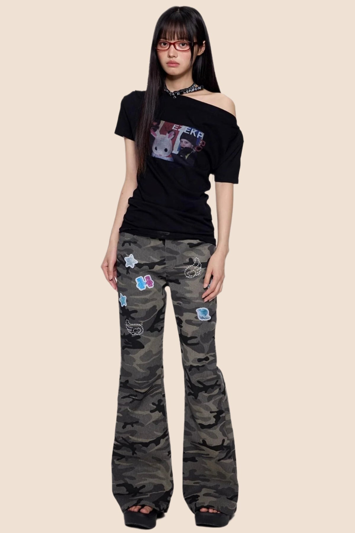 Gray Camouflage Flare Jeans