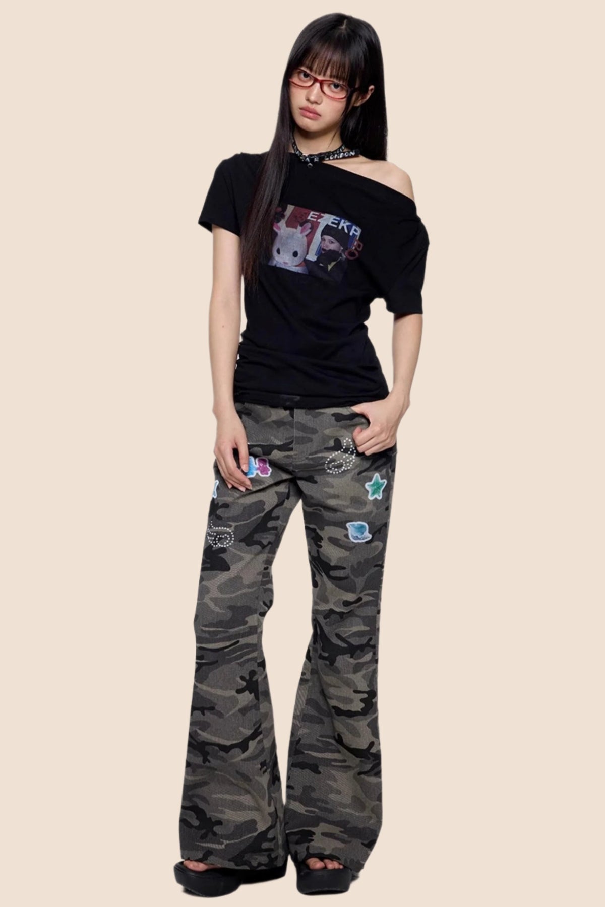 Gray Camouflage Flare Jeans