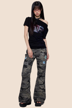 Gray Camouflage Flare Jeans