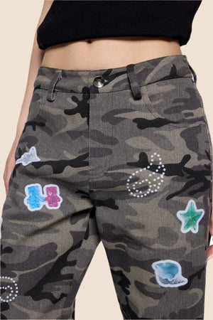 Gray Camouflage Flare Jeans