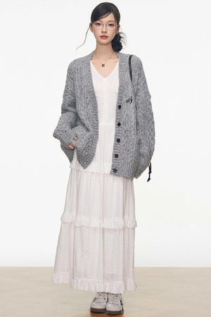 Gray Colored Sweater Cardigan Dress Set-Up