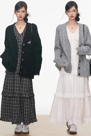Gray Colored Sweater Cardigan Dress Set-Up