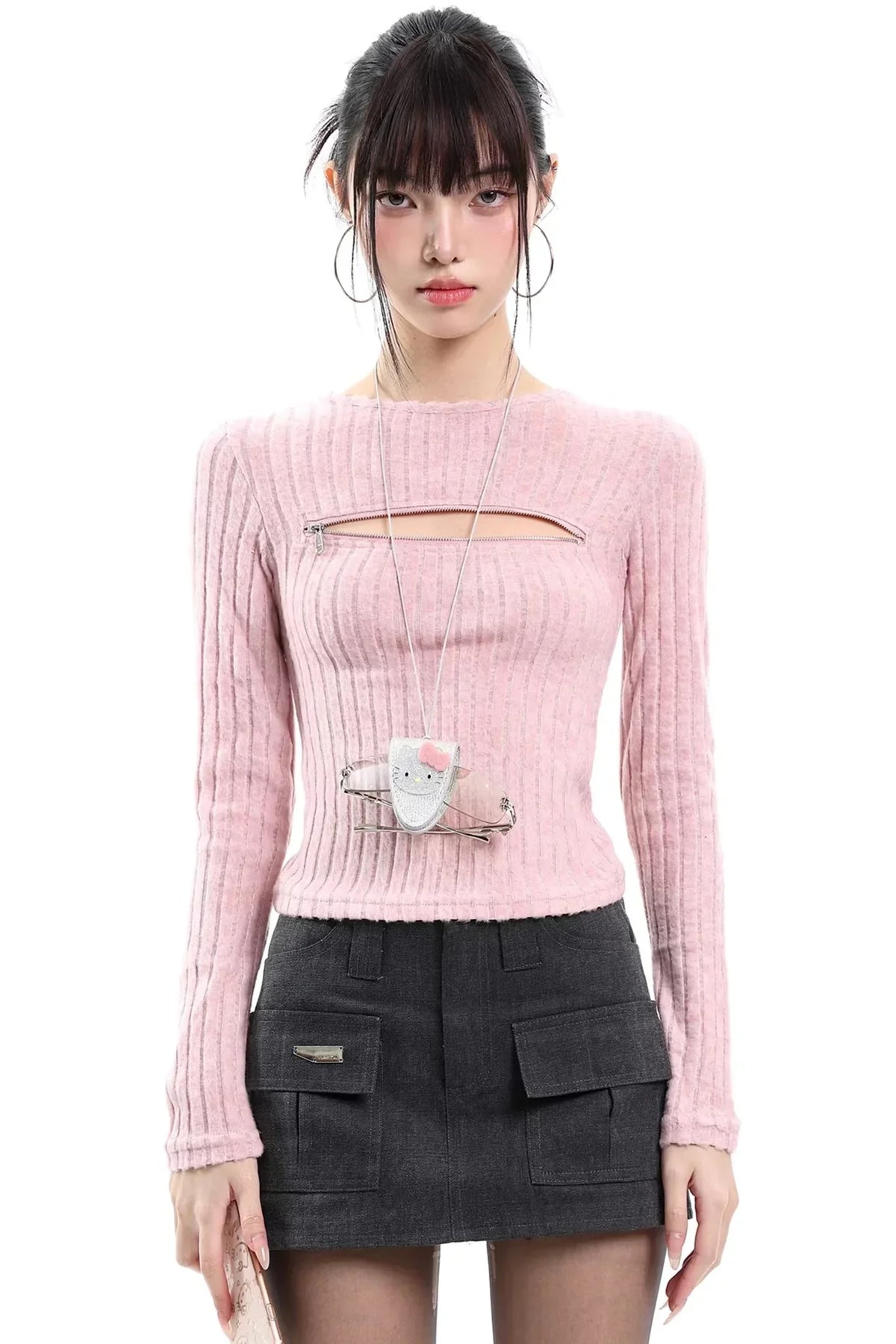 Gray Cut Out Knit Top