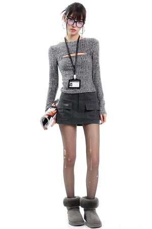 Gray Cut Out Knit Top