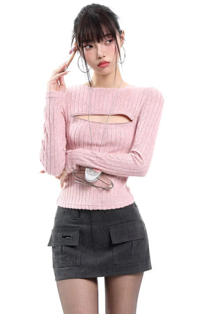 Gray Cut Out Knit Top