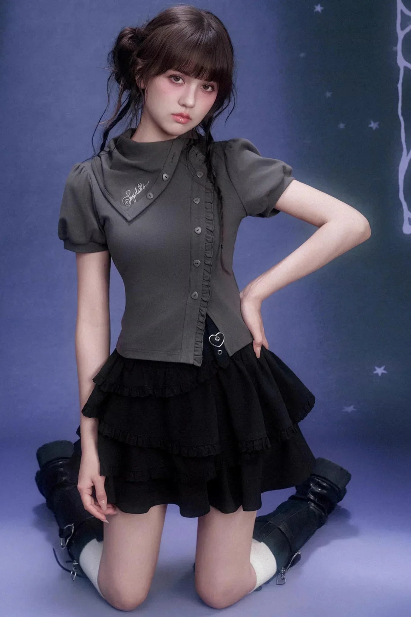 Gray Diagonal Placket T-Shirt