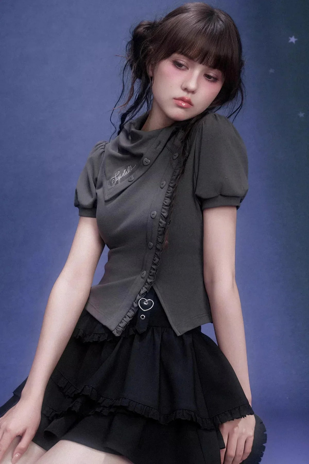 Gray Diagonal Placket T-Shirt