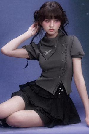 Gray Diagonal Placket T-Shirt