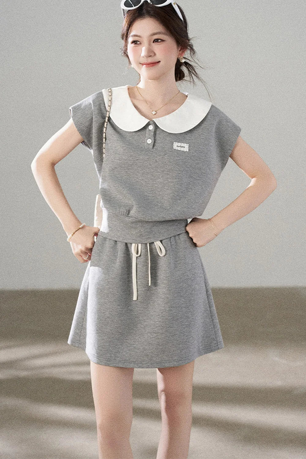 Gray Doll Collar Short-Sleeve Top and Skirt Set-Up