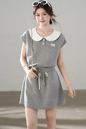 Gray Doll Collar Short-Sleeve Top and Skirt Set-Up